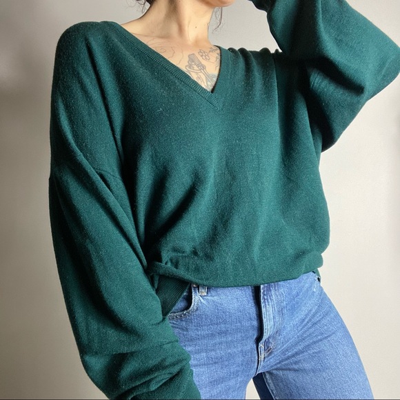 Vintage Sweaters - VINTAGE WALSEY Made in Scotland Merino Wool Teal V Neck Sweater Large